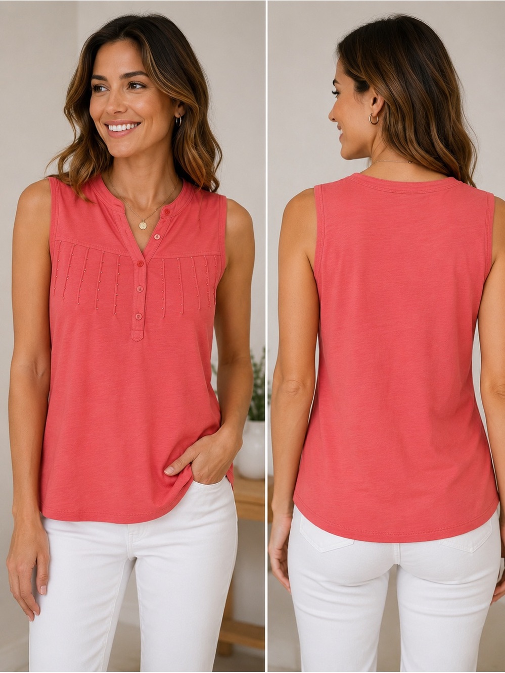 Jessica Sport Coral Pink Sleeveless Button-Front Top – Size M